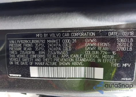 2018 Volvo Xc60 T5 Momentum z USA, uszkodzony, nr VIN LYV102RKXJB086782